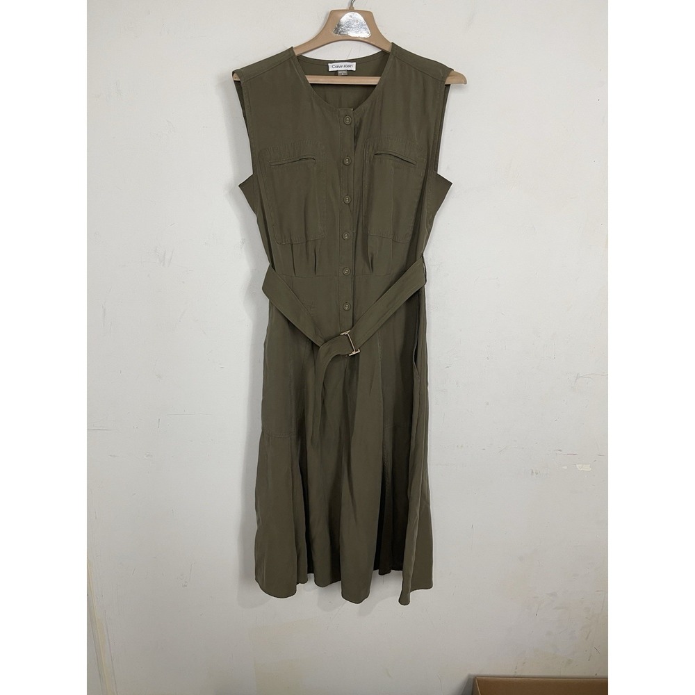 Calvin Klein Women Dress 8 Olive Green Country Safari Maxi Travel Beachy Coastal